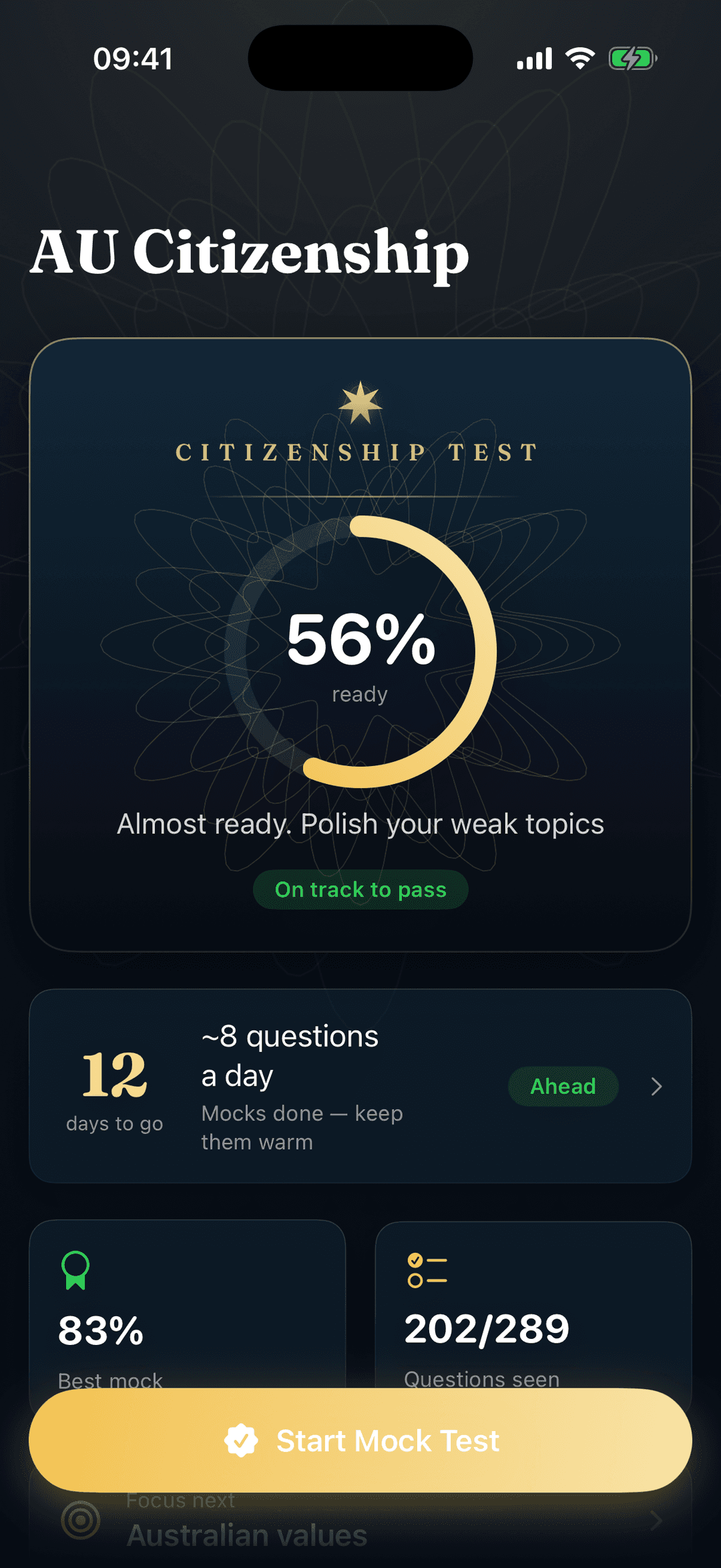 Australian Citizenship Test home screen